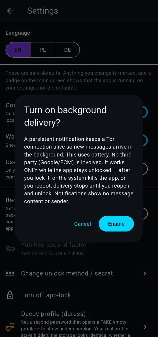 Dialog explaining background delivery without Google