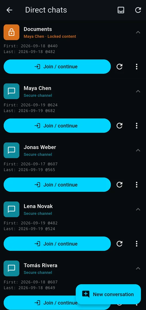 List of direct chats, each labelled with its protection mode
