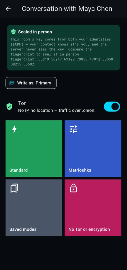 Choosing a conversation's protection: Standard, Matrioshka, saved modes, or none